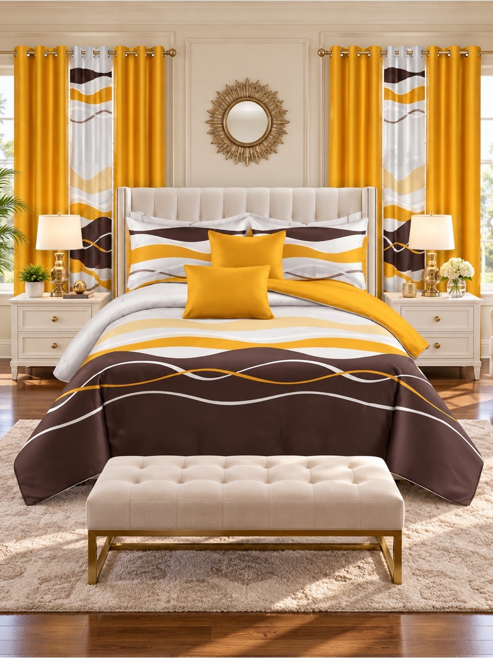 Mustard Yellow and Brown Wave Comforter Set - Unbranded